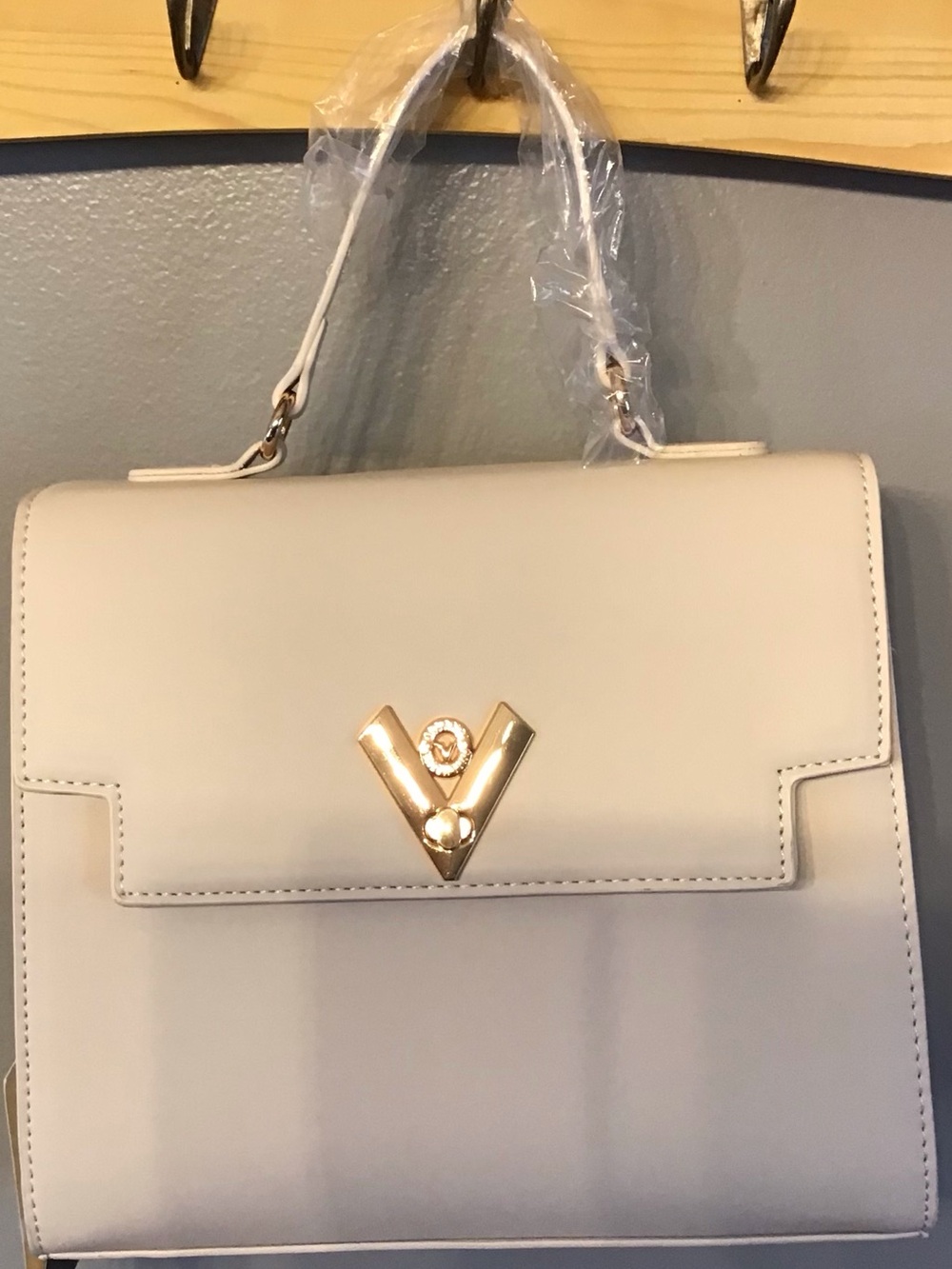 Valentino Orlandi Cream Top-Handle Satchel with Gold Emblem